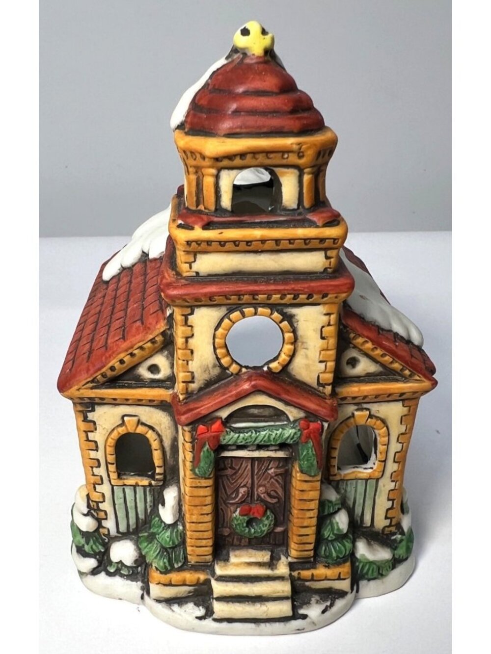 Hand-Painted Ceramic Church Tea Light Candle Holder With Snowy Roof